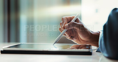 Buy stock photo Business tablet, hands or signature in office for contract agreement, registration or policy information. Professional, person or online application with stylus for compliance or terms and conditions