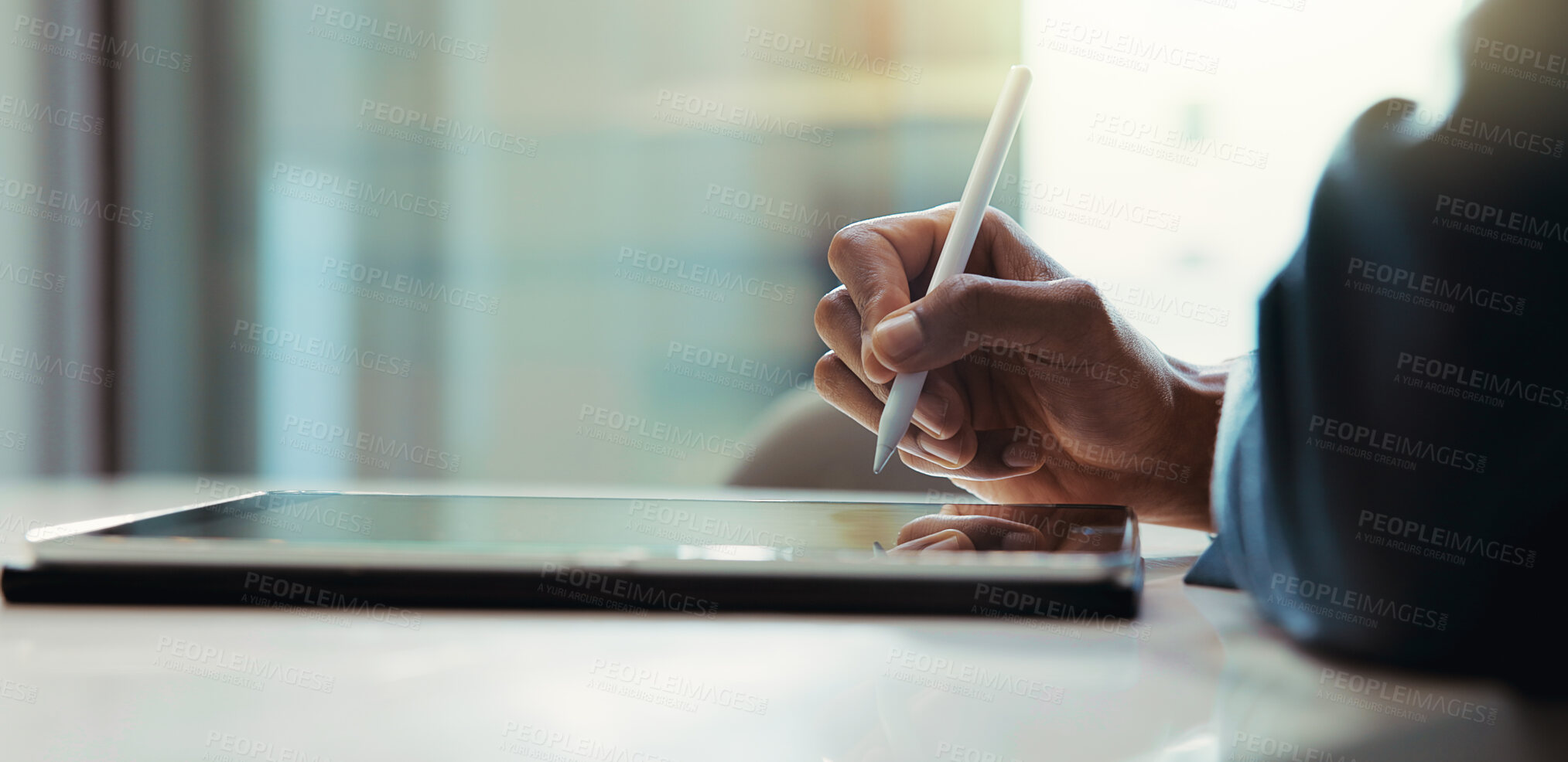 Buy stock photo Business tablet, hands or signature at desk for contract agreement, registration or policy information. Professional, person and online application with compliance, terms and conditions or approval