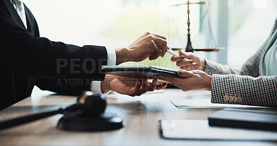 Buy stock photo Hands, people and meeting with tablet, legal office and contract review for company compliance. Attorney, lawyer and tech for consultation, digital document and e signature at corporate law firm