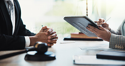 Buy stock photo Hands, people and legal meeting with tablet, signature and contract review for company compliance. Attorney, lawyer and tech for consultation, digital document and feedback at corporate law firm