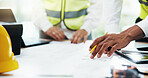 Architecture, meeting and hands of business people with blueprint for urban planning, design and building. Construction, engineering and workers with floorplan for teamwork, collaboration and ideas