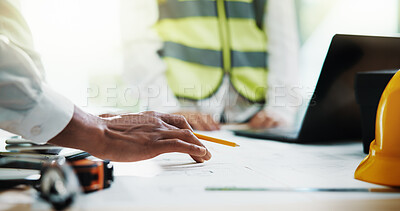 Buy stock photo Architecture, meeting and hands of business people with paperwork for urban planning, blueprint and building. Construction, engineering and workers with floorplan for teamwork, collaboration or ideas