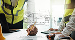 Architecture, overlay and hands of business people with blueprint for urban planning, design and building. Construction, engineering and workers with floorplan for teamwork, collaboration and meeting