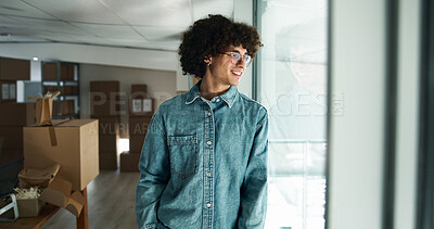 Buy stock photo Thinking, small business or happy man in startup by boxes for shipping plan, decision or question. Smile, supply chain or entrepreneur with creative ideas for package, order or delivery distribution