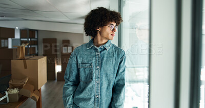 Buy stock photo Thinking, small business or man by window with ideas for shipping plan, decision or boxes. Startup, supply chain or entrepreneur with creative solution for package, order or delivery distribution