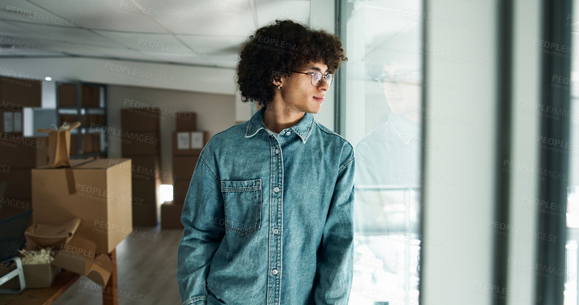 Buy stock photo Thinking, small business or man by window with ideas for shipping plan, decision or boxes. Startup, supply chain or entrepreneur with creative solution for package, order or delivery distribution