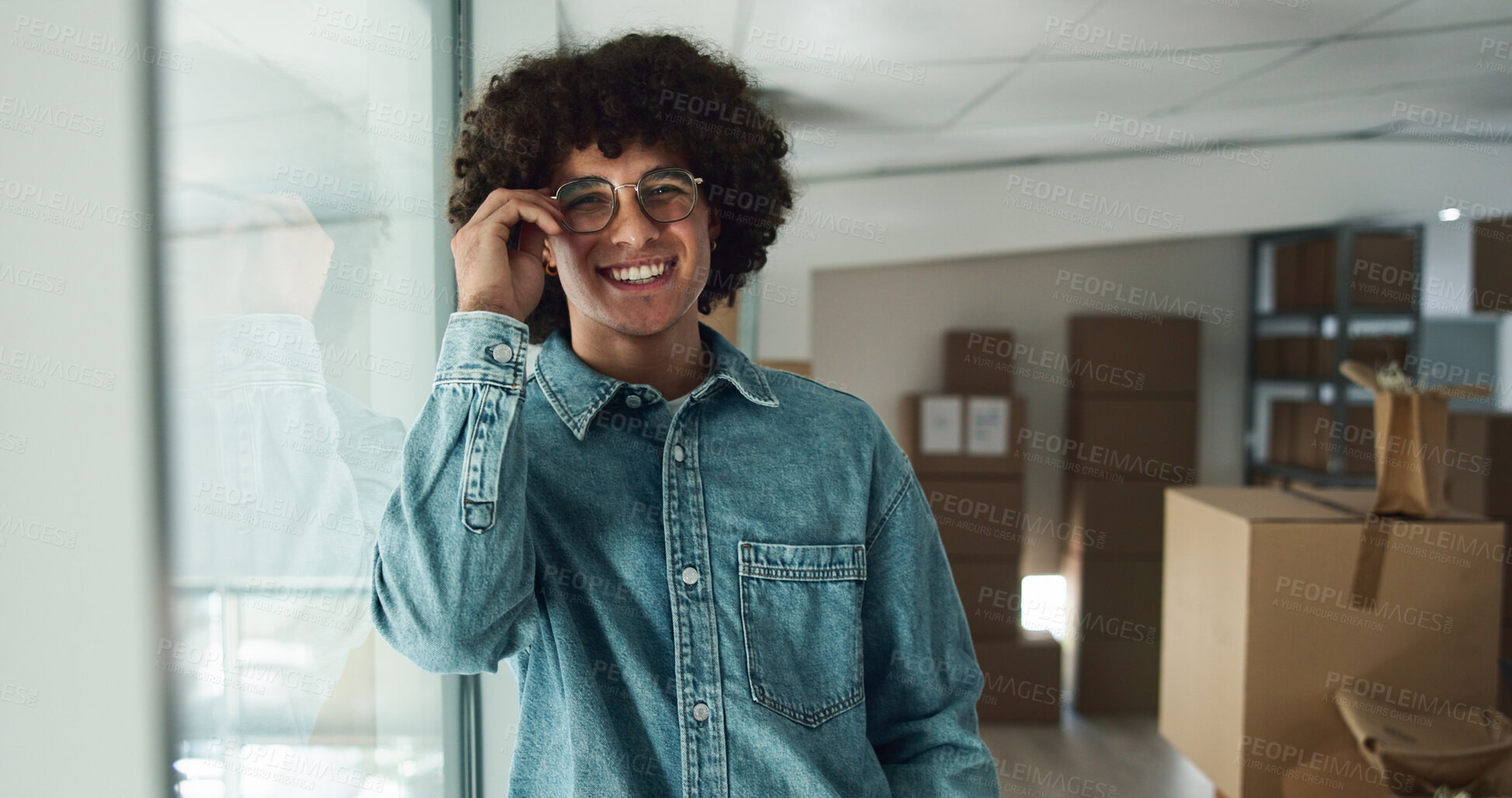 Buy stock photo Man, happy and portrait at warehouse, boxes and pride for career with inventory management for logistics. Person, smile and glasses for supply chain, shipping and freight distribution in Costa Rica