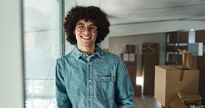 Buy stock photo Smile, businessman and portrait with boxes for logistics, distribution and pride for inventory service. Factory, male employee and confidence with package for shipping, supply chain and manufacturing