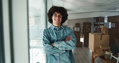 Buy stock photo Confidence, businessman and portrait with boxes for logistics, distribution and smile for inventory service. Factory, male employee and arms crossed with package for shipping, supply chain or startup