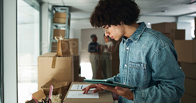 Buy stock photo Box, businessman and inspection with tablet for distribution, logistics and online checklist for package. Warehouse, employee and service with digital for ecommerce, supply chain and info for order