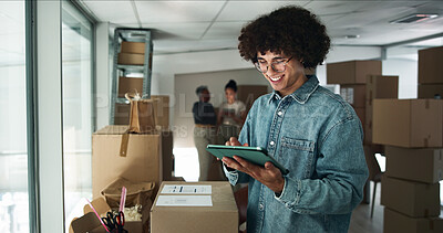 Buy stock photo Happy man, tablet or typing in business for logistics, startup review or package checklist at box. Entrepreneur, tech or smile in warehouse for inventory management, supply chain or app for delivery