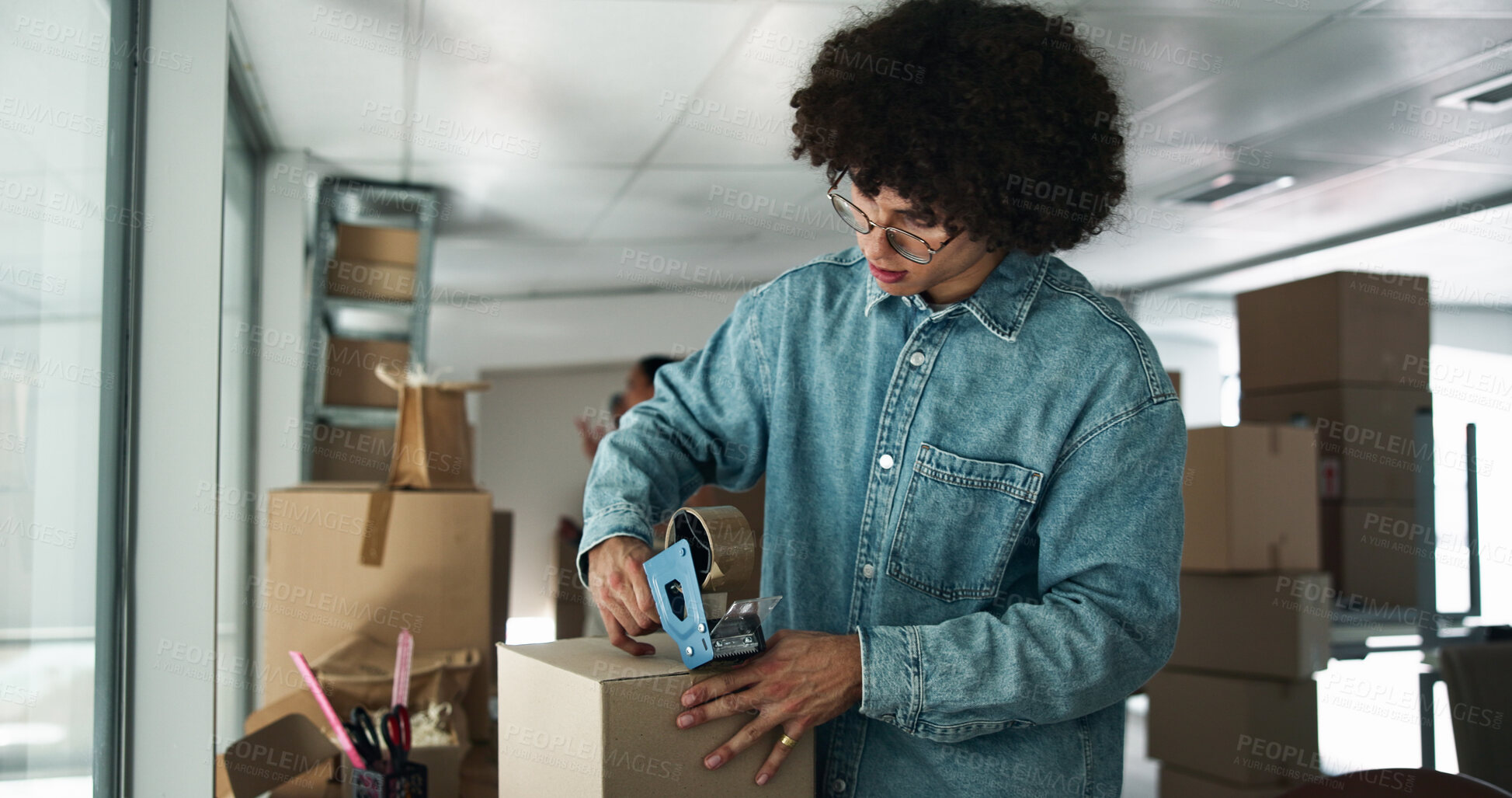 Buy stock photo Tape, small business or man with box for shipping, online orders or supply chain stock. Courier service, startup or person with tools for package, parcel distribution or delivery safety in warehouse