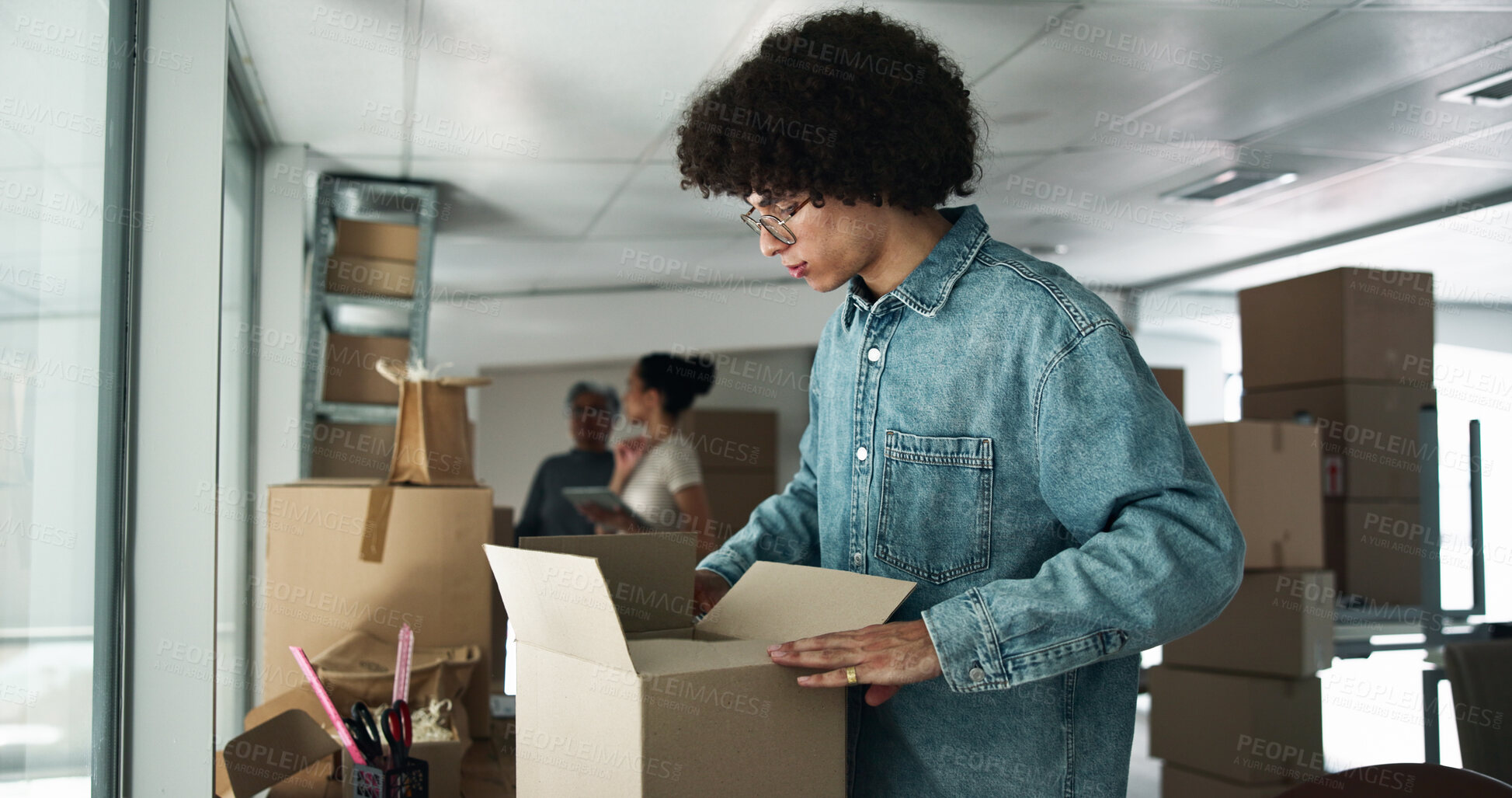 Buy stock photo Supply chain, small business or man with box for shipping, online orders or ecommerce stock. Courier service, startup or person with package, parcel distribution or delivery logistics in warehouse
