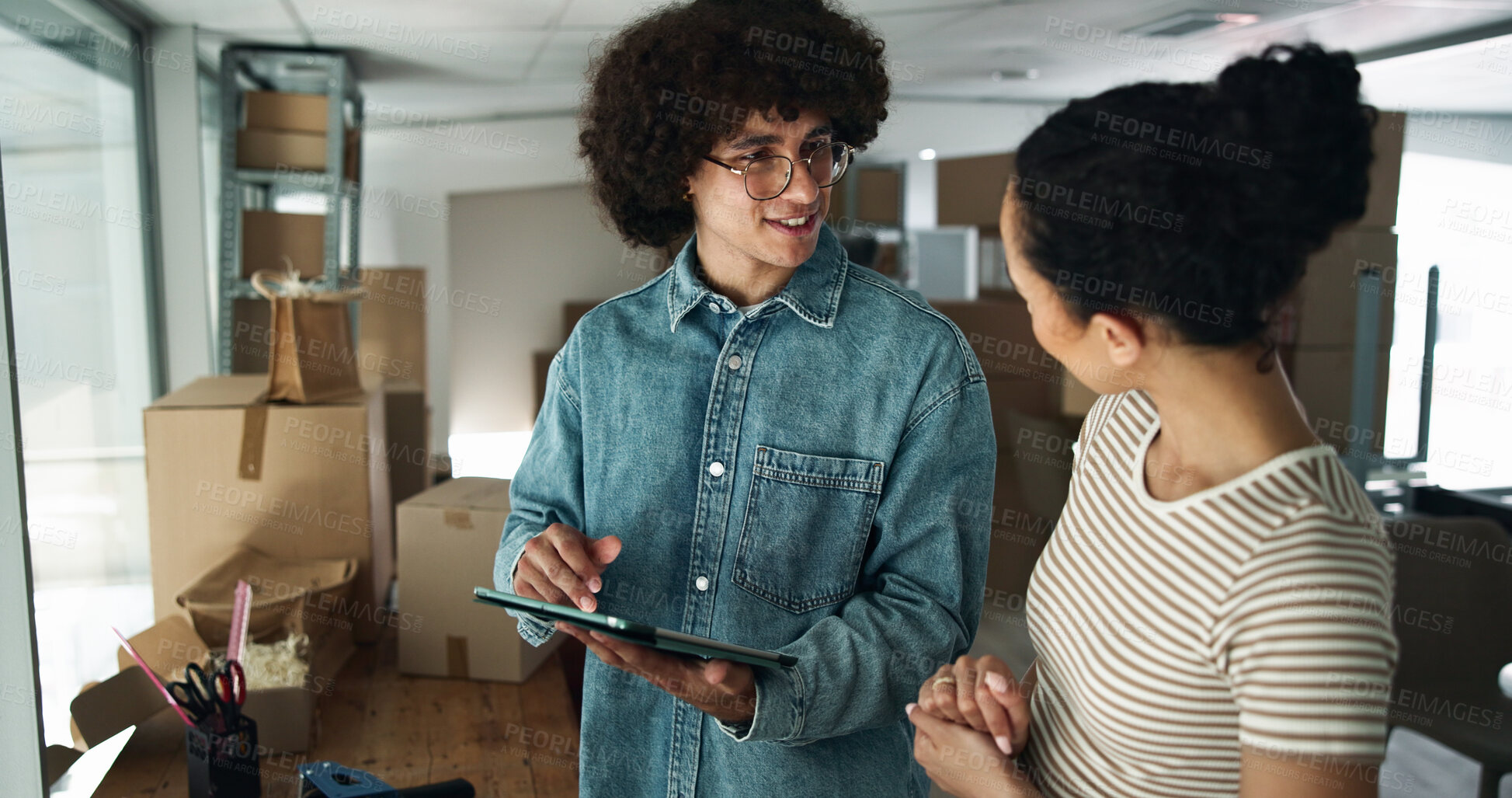 Buy stock photo People, tablet and discussion on supply chain logistics, inventory check and factory for ecommerce. Employees, update export and support with delivery plan, teamwork and boxes inspection at depot