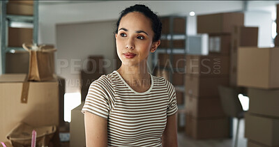 Buy stock photo Thinking, boxes or woman in small business with ideas for shipping plan, decision or parcel. Startup, supply chain or entrepreneur with creative solution for package, order or delivery distribution