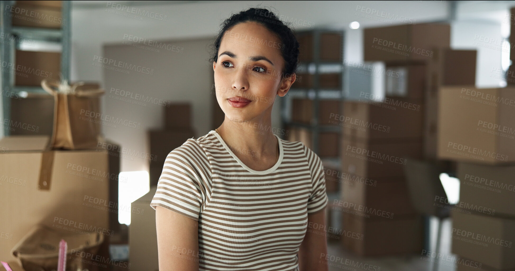 Buy stock photo Thinking, boxes or woman in small business with ideas for shipping plan, decision or parcel. Startup, supply chain or entrepreneur with creative solution for package, order or delivery distribution