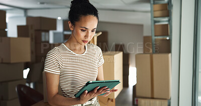 Buy stock photo Woman, tablet and typing in business for logistics, order process and package checklist in office. Entrepreneur, tech and app in warehouse for inventory management, supply chain or boxes for delivery