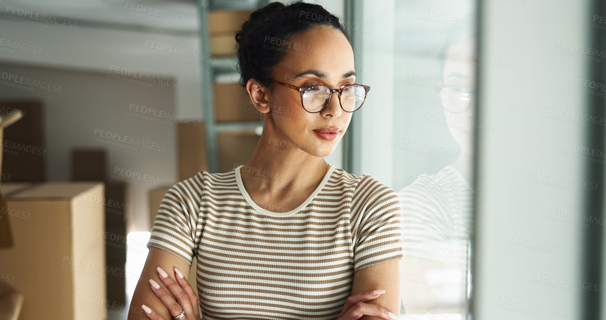 Buy stock photo Thinking, arms crossed or woman in office of small business for shipping plan, decision or boxes. Ideas, supply chain or entrepreneur with creative solution for package order or delivery distribution
