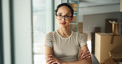 Buy stock photo Arms crossed, businesswoman and portrait with boxes for logistics, distribution and smile for inventory service. Factory, employee and confidence with package for shipping, supply chain and startup