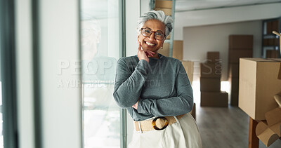 Buy stock photo Happy, businesswoman and portrait with boxes for distribution, logistics and pride for inventory service. Warehouse, mature employee and smile with package for shipping, supply chain or startup owner