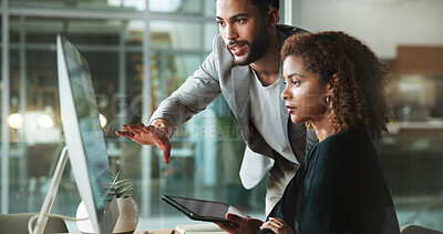 Buy stock photo Computer, coaching team and help business people, planning or mentor brainstorming ideas in office. Collaboration, intern or discussion with project manager on tablet for solution, advice or training