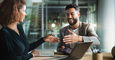 Buy stock photo Business people, smile and handshake in office for meeting, company welcome and deal at tech. Happy man, woman and shaking hands in agency for agreement, planning collaboration and new partnership