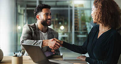 Buy stock photo People, smile and handshake in office for business, company welcome and deal at tech. Happy man, woman and shaking hands in agency for agreement, planning collaboration and new partnership in meeting