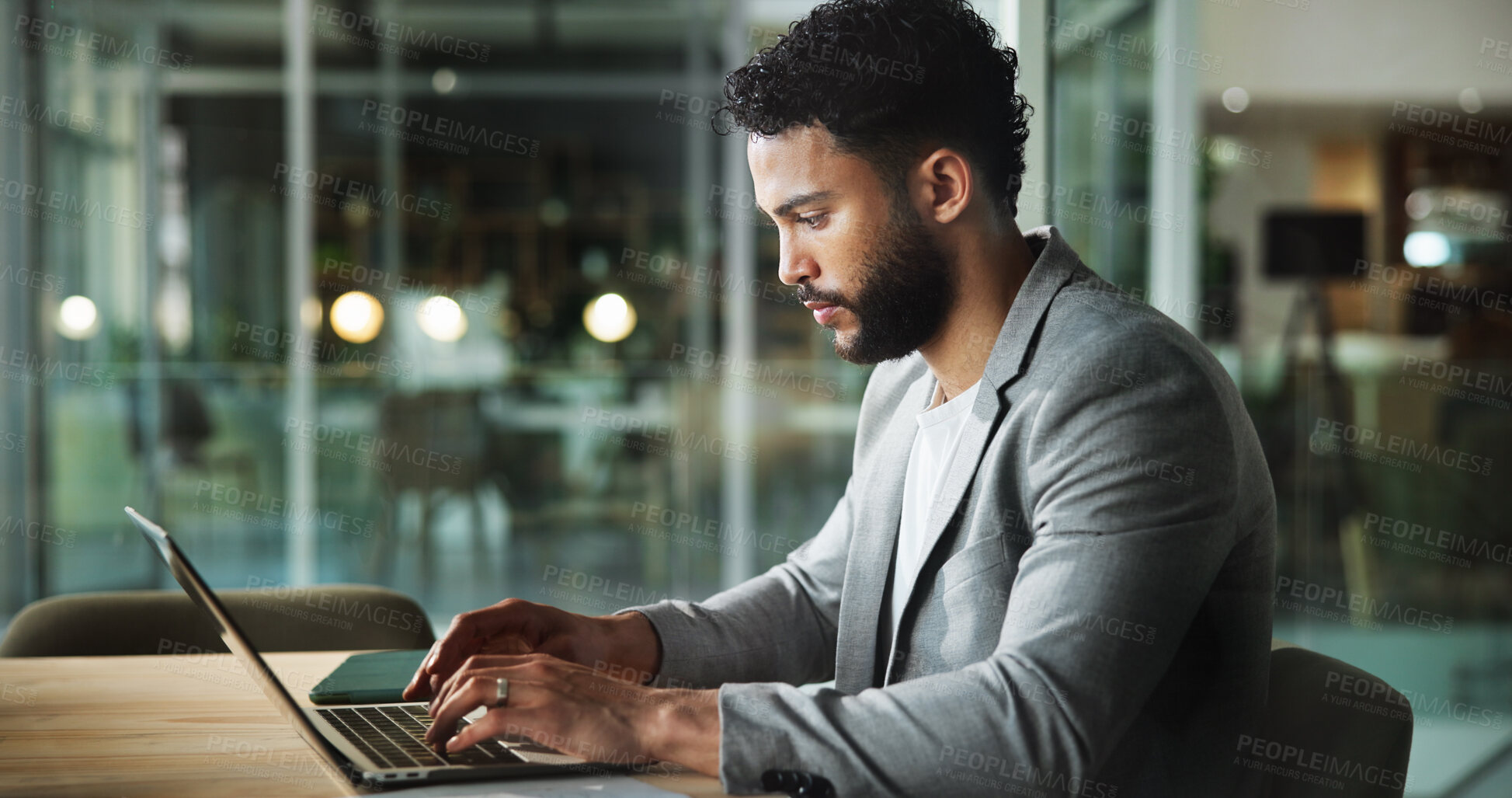 Buy stock photo Laptop, office and business man typing email, sales report or budget proposal for project. Computer, online and worker check financial results, review research or communication for revenue or profit