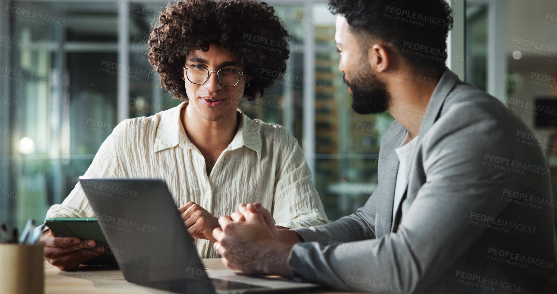 Buy stock photo Laptop, team and business men planning, talking and brainstorming ideas for sales budget in office. Collaboration, tablet and discussion with project manager for solution, help and financial meeting