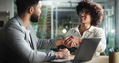 Buy stock photo People, smile and handshake in office for business, company welcome and agreement with technology. Happy man, intern and shaking hands in agency for deal, thank you and new recruitment in meeting