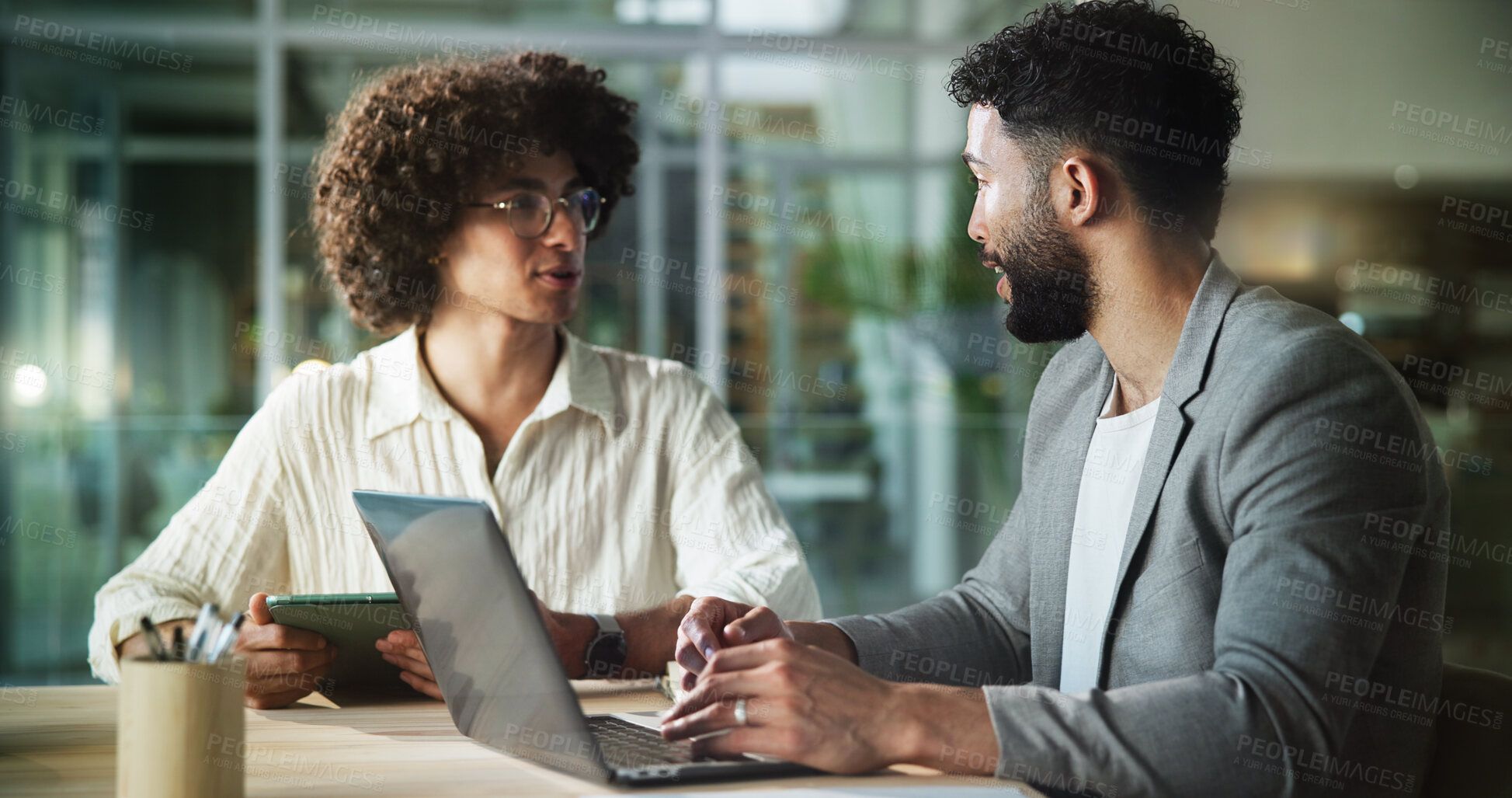 Buy stock photo Laptop, team and business men talk, planning and brainstorming ideas for sales budget in office. Collaboration, tablet and discussion with project manager for solution, help and financial meeting