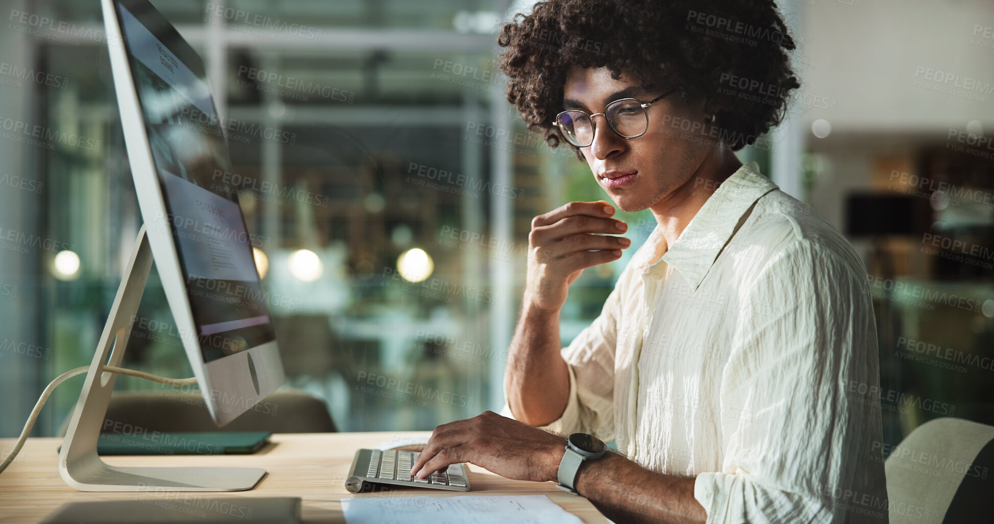 Buy stock photo Computer, reading and business man with paperwork in office for creative blog, article or content writing. Desktop, startup and worker check document for social media project on overtime at night