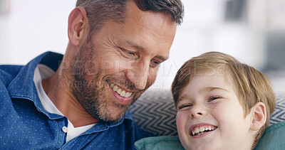 Buy stock photo Sofa, father and child with laughing for joke, connection and bonding together with funny conversation. Happy people, dad and boy on couch for relax, healthy relationship and parenthood at home