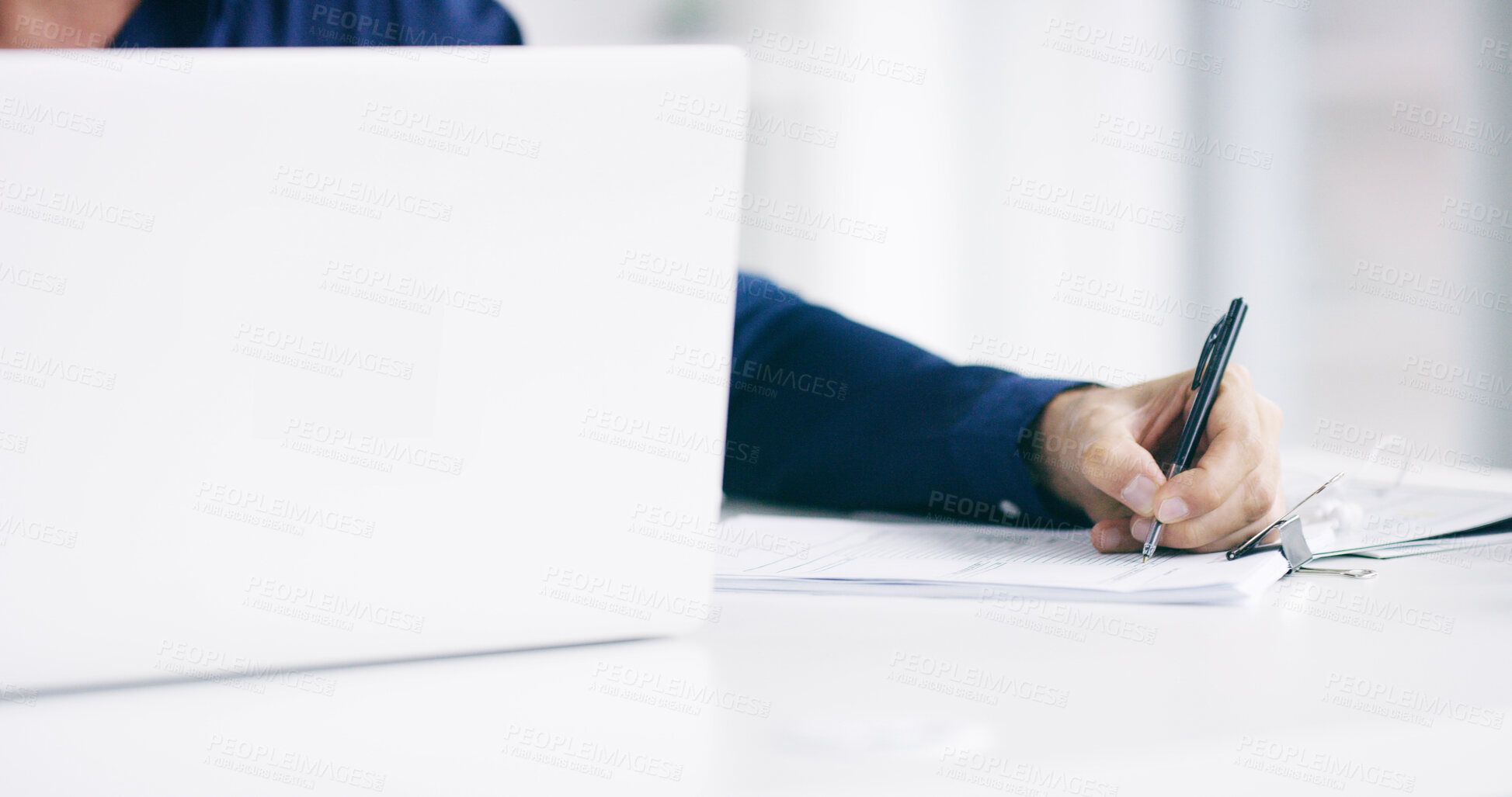 Buy stock photo Hands, documents and writing in home, taxes and laptop with financial administration for investment. Person, paperwork and signature for contract, insurance or wealth planning for future at apartment