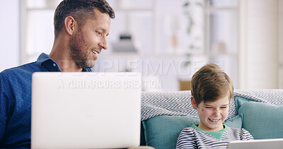 Buy stock photo Happy, dad and child with laptop or tablet in home for connectivity, bonding or streaming online for comedy. Family, father and boy on couch with technology, movie or cartoon for learning or laughing