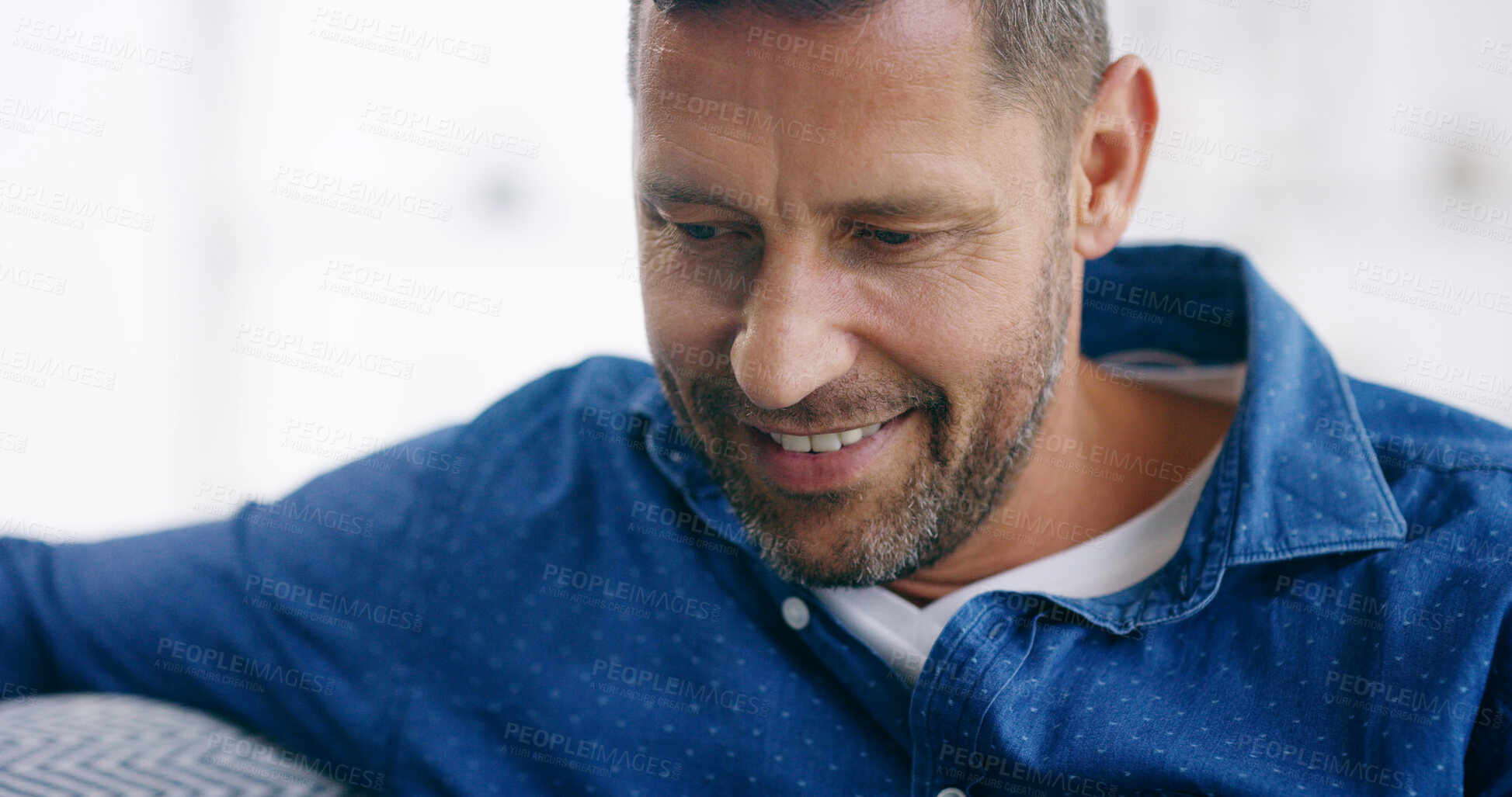 Buy stock photo Mature man, smile and thinking on sofa of happy memory, remember and nostalgia with reflection. Home, thoughtful and confidence with wondering, daydreaming or planning in morning with contemplation