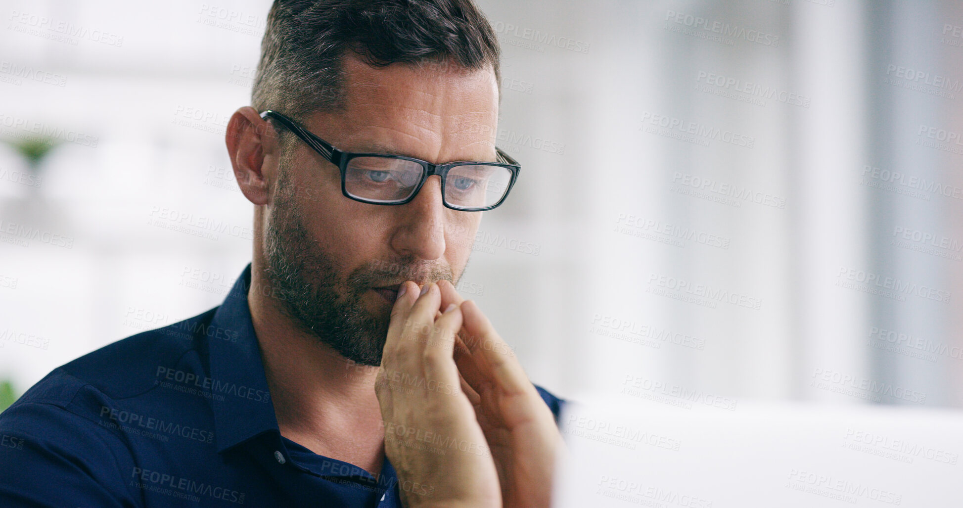 Buy stock photo Mature, business man and laptop with thinking in office for contract negotiation and upsell opportunity ideas. Space, account manager and thoughtful for risk management solution and problem solving