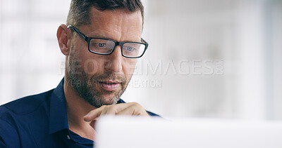 Buy stock photo Thinking, laptop and businessman with office, project and internet research with mockup space. Technology, idea and manager with company report, planning and feedback for online update launch