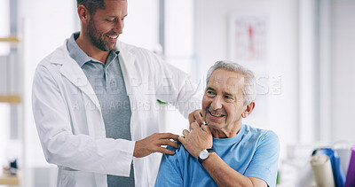 Buy stock photo Doctor, elderly patient and shoulder pain with injury for checkup, exam or physiotherapy at hospital. Male person, medical worker and senior client with physiotherapist for muscle tension or relief