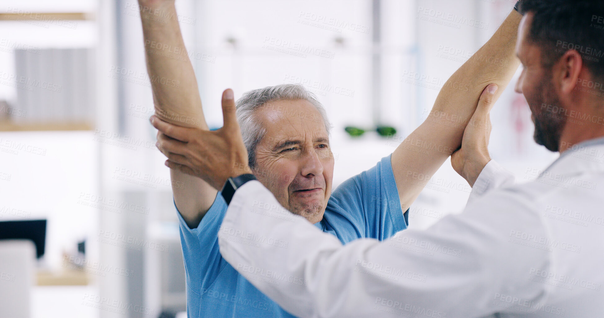 Buy stock photo Man, elderly patient and stretching with physiotherapist for physical examination, checkup or visit at clinic. Male person, medical worker or client with physiotherapy for arm flexibility at hospital
