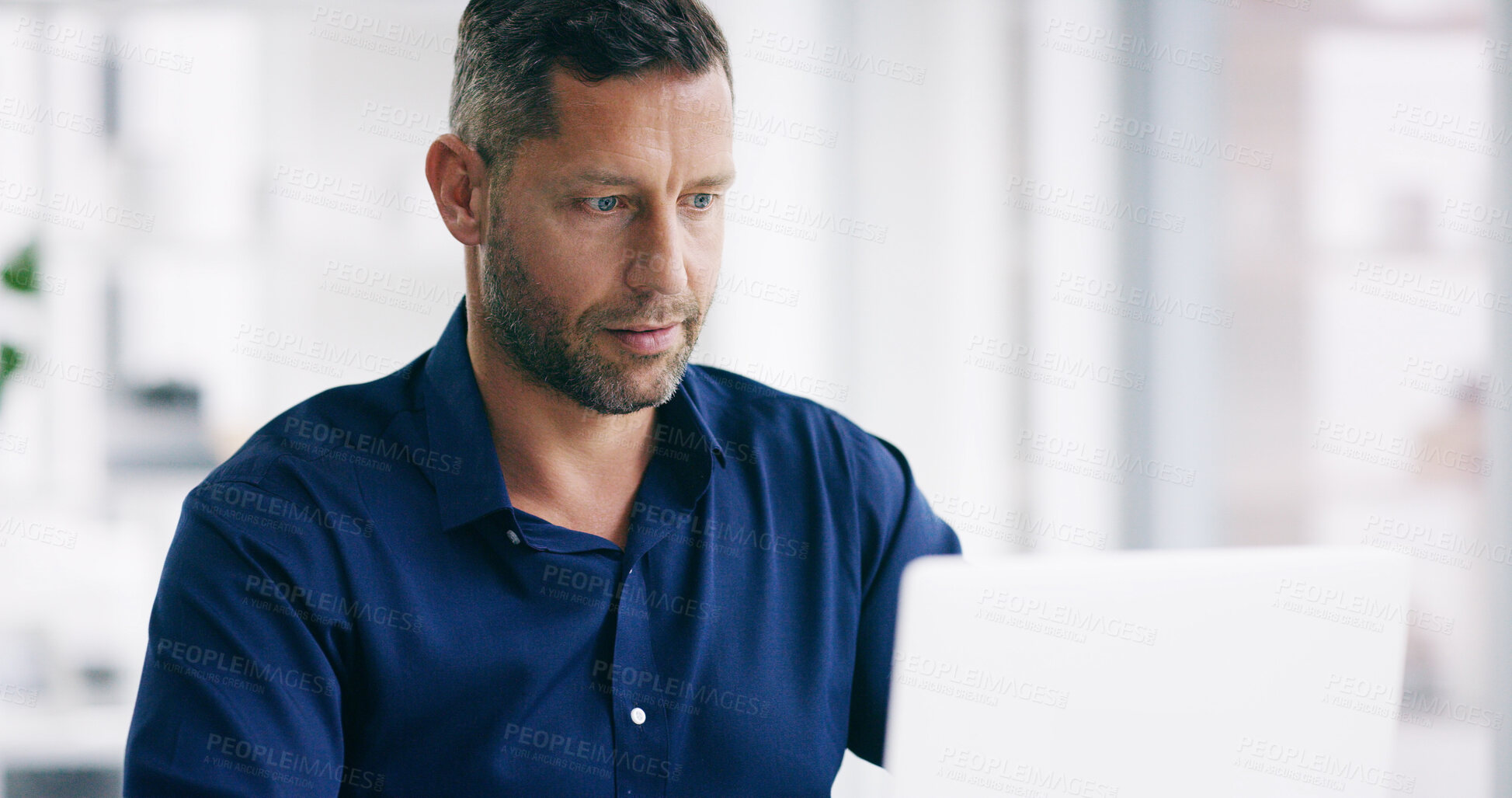 Buy stock photo Remote work, laptop and businessman with home, project and internet research with entrepreneur. Technology, idea and manager with company report, planning and feedback for online update launch