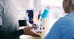 Doctor, hands or tablet with patient for x ray, CT scan or MRI at hospital for checkup, exam or results. Closeup, medical worker or radiologist with app for client spine, technology screen or display
