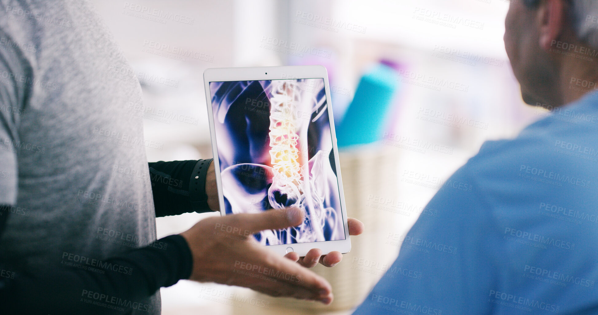 Buy stock photo Doctor, hands or tablet with patient for x ray, CT scan or MRI at hospital for checkup, exam or results. Closeup, medical worker or radiologist with app for client spine, technology screen or display