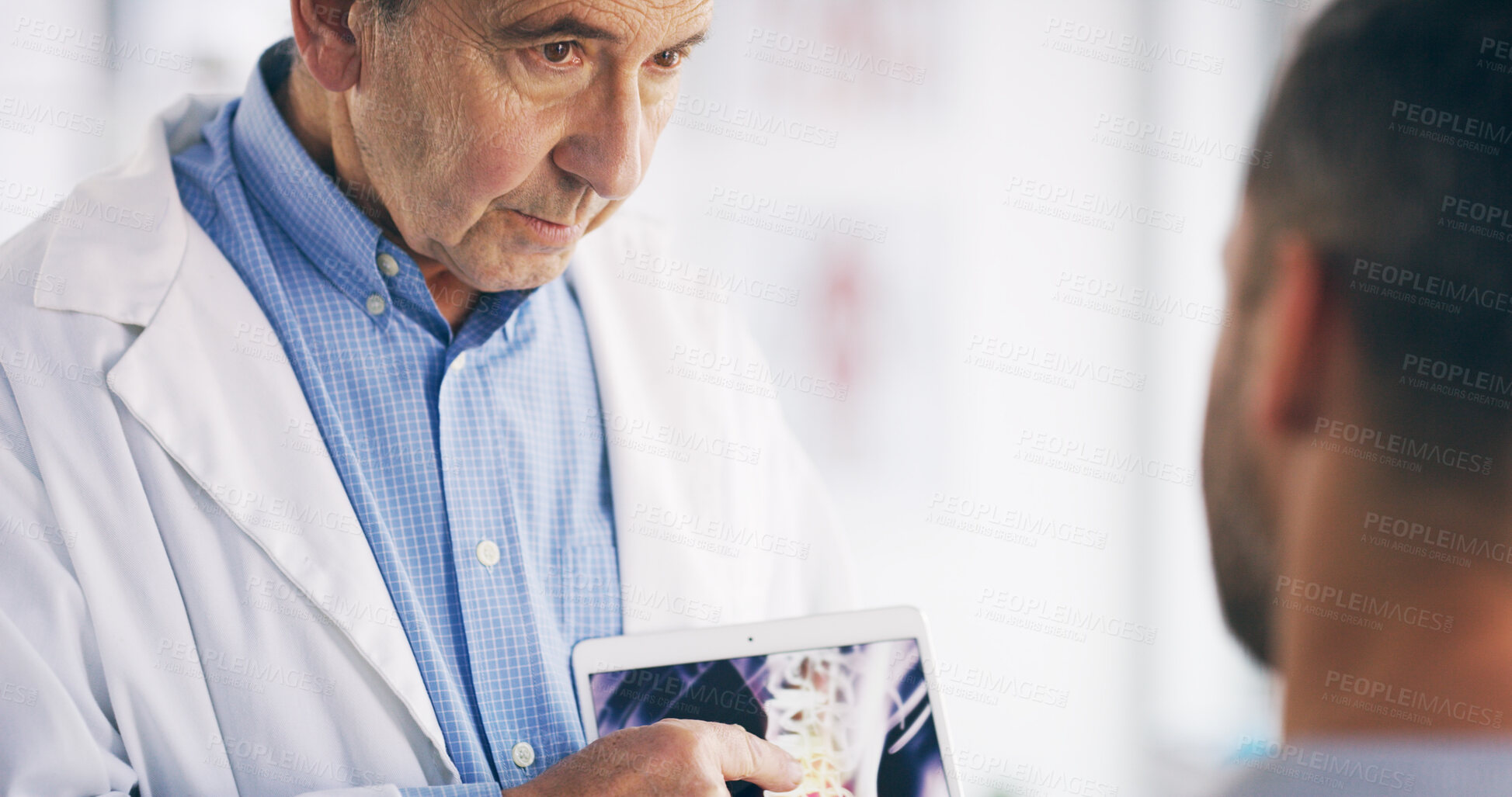 Buy stock photo Doctor, patient or tablet with x ray in hospital for bone tumor, infection or spine fracture results. Healthcare, medical worker or consulting person with digital diagnosis, screen or ct scan advice