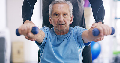 Buy stock photo Senior man, dumbbells and fitness coach with support, guide and recovery for muscle injury at gym. Elderly person, weightlifting and personal trainer for rehabilitation, help and physical therapy