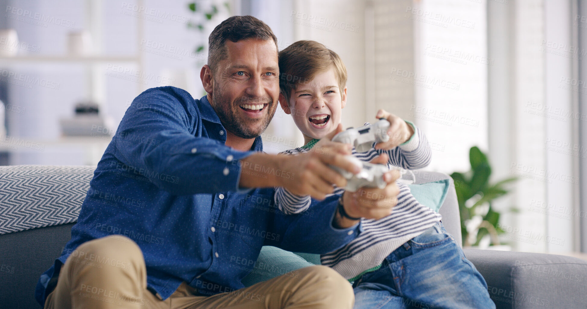 Buy stock photo Father, boy and video game with controller on sofa, happy or play in living room at family house. Dad, child and relax with laugh for contest, competition or challenge in lounge with bonding in home