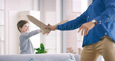 Buy stock photo Boy, dad and toy sword in home for fight, happy and playful with love, bonding and conflict in living room. Child, father and laugh with cardboard weapon, fun and games with challenge in family house