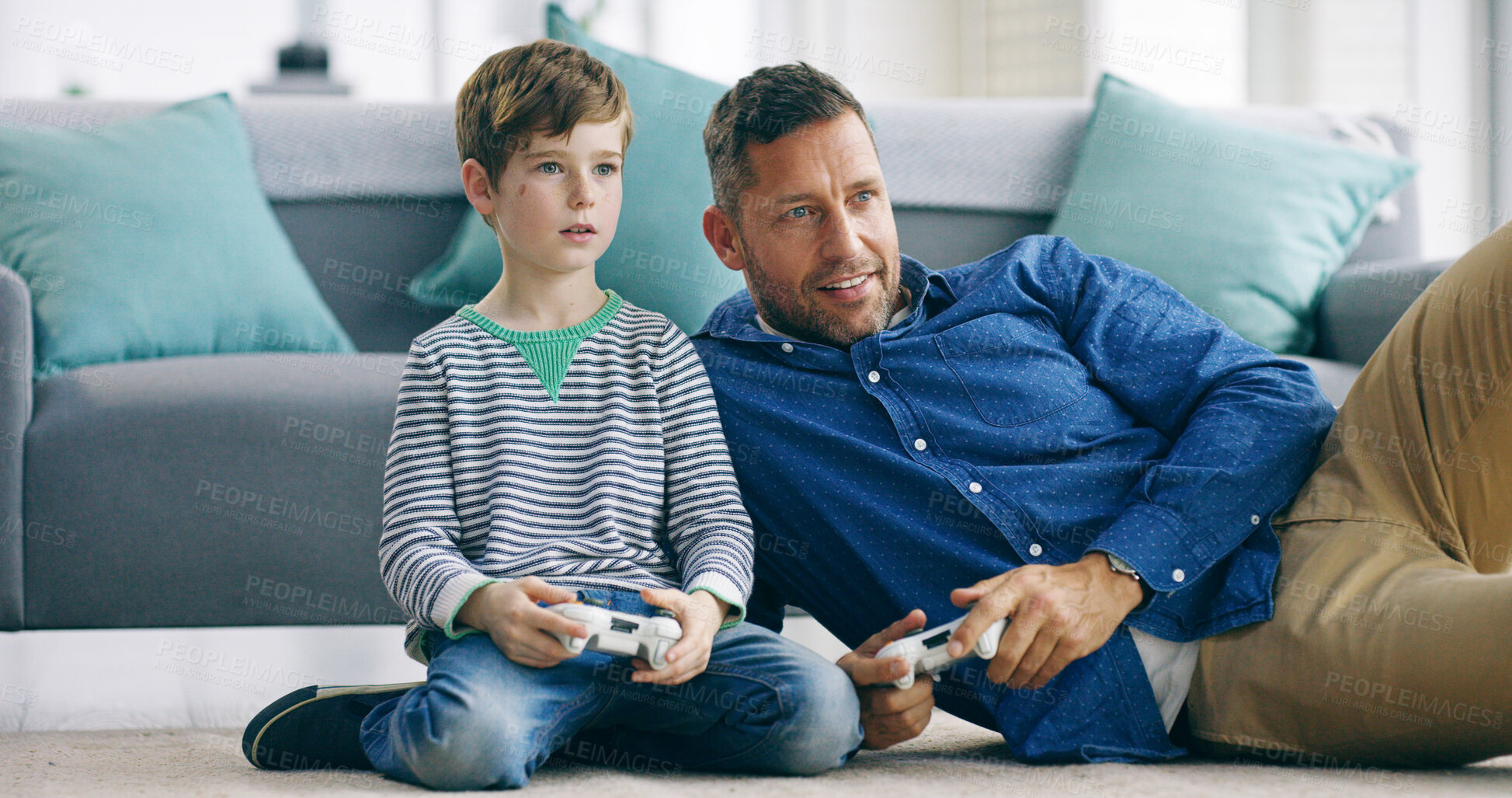 Buy stock photo Father, boy and video game with controller on floor, happy or play in living room at family house. Dad, child and relax with smile for contest, competition or challenge in lounge with bonding in home