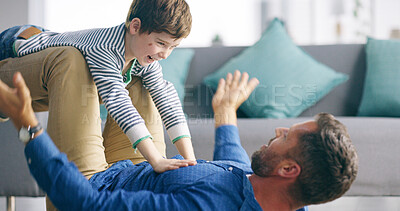 Buy stock photo Father, boy and airplane on floor in home, game and playful with smile, knees and bonding with love in lounge. Dad, child and lifting for plane, flight or excited with laugh on carpet in family house