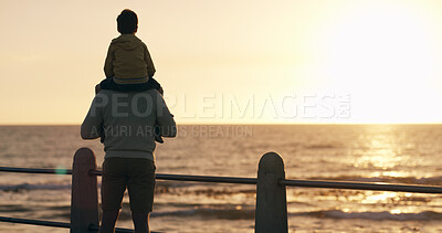 Buy stock photo Dad, son and piggyback at sunset on beach, adventure and outdoor for bonding with father. Back, child and single parent for security in relationship, carrying kid and ocean for love or care on trip